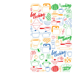 Vector set of children's kitchen and cooking drawings icons in doodle style. Painted, colorful, pictures on a piece of paper on white background.