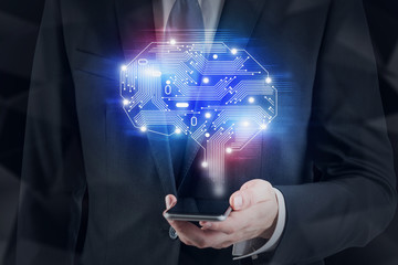 Businessman hand with phone, AI concept
