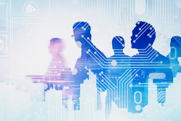 Business people in blurred city, digital interface