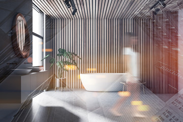 Woman walking in wooden bathroom with sink