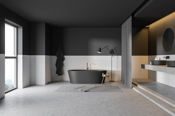 Fototapeta na wymiar Gray and white bathroom interior with curtain