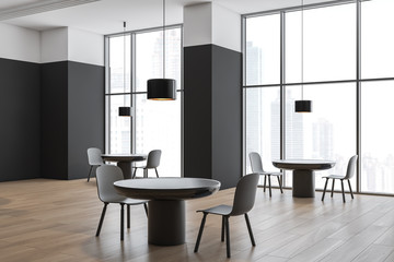 Black and white panoramic cafe interior