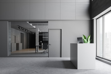 White reception in gray office interior