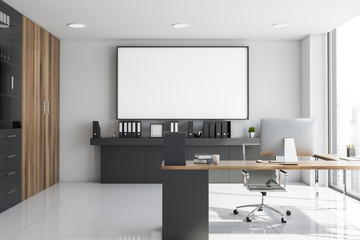 White and wooden CEO office interior, poster