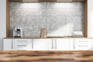 Close up of blurred white kitchen countertops