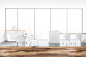 Blurred panoramic kitchen with table and bar