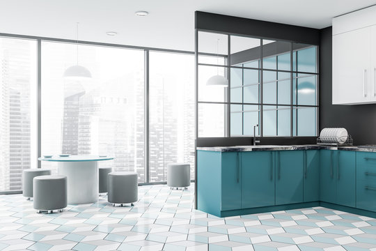 Panoramic blue kitchen corner with table