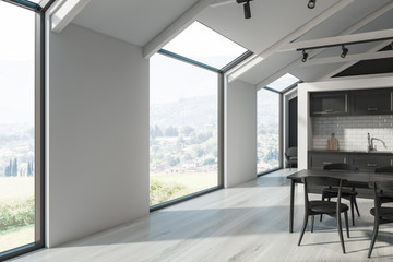 Black panoramic Scandinavian kitchen interior
