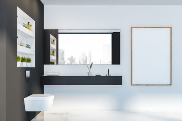 Gray white bathroom interior, toilet and poster