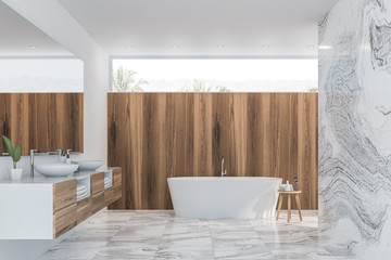 Fototapeta na wymiar Light wood and marble bathroom interior