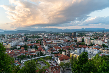 Fototapeta na wymiar Ljubljana, the capital of Slovenia, viewed from Ljubljana Castle. At the sunset