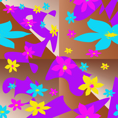 Seamless pattern with multi-colored elements in the form of stylized flowers and abstract spots. Yellow, turquoise, purple, pink on a background with a brown gradient.