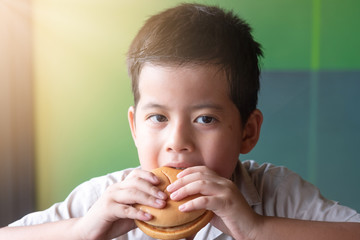 Portrait asian boy's eating a hamburger.  Health concept.