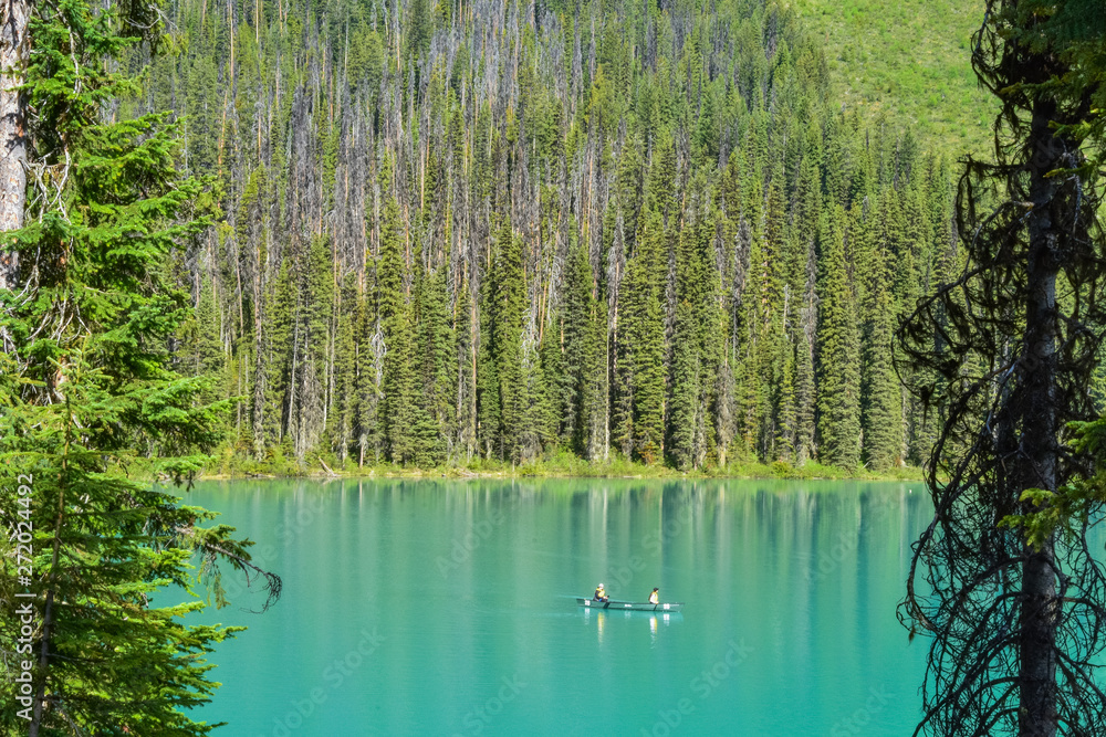 Wall mural canoes and kayaks frequent the beautiful emerald lake in yoho national park, banff canada