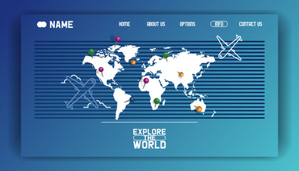 Enjoy the Tour, Explore the World - vector illustration of flat design web page travel banner with famous landmarks and world map. Landing page discovery destination journey trip.