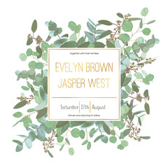 Vector wedding invitation flyer. Square gold frame with set branches and leaves eucalyptus gunnii, silver dollar, leucoxylon greenery. Сard design, editable