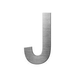 Metal font english alphabet. Letter J from a metal plate isolated on a white background.