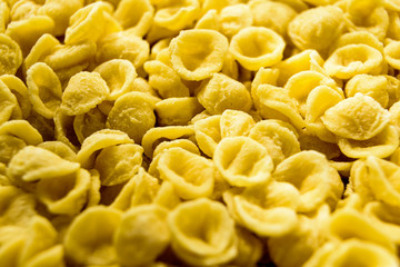 Close-up of Orecchiette, wheat semolina pasta made one by one by hand in a traditional way in the Italian region of Bari.