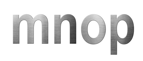 Metal font english alphabet. Letter MNOP from a metal plate isolated on a white background.