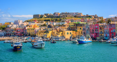 Port of Procida island in Gulf of Naples, Italy