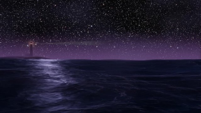 Ocean lighthouse and stars infinite loop - beautiful ocean and stars moving while the beam of the lighthouse is circling around the tower 3D illustration. Perfect background loop for music videos etc