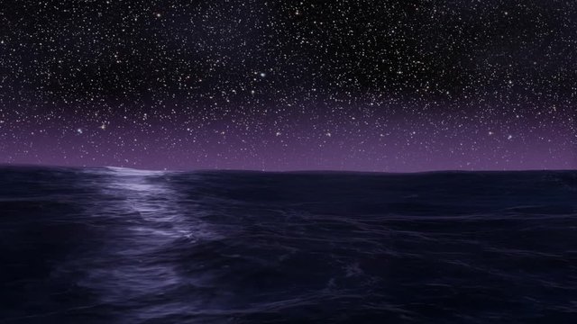 Ocean and stars infinite loop - beautiful misty purple and blue ocean and starry horizon sky moving up  3D illustration. Perfect background loop for music videos etc.