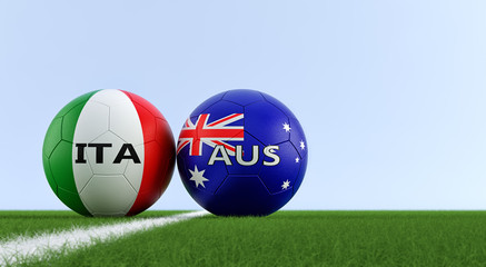 Italy vs. Australia Soccer Match - Soccer balls in Italy and Australia national colors on a soccer field. Copy space on the right side - 3D Rendering 