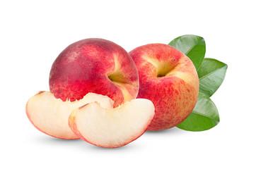 Fototapeta na wymiar Peach fruit with leaf isolated on white background Full depth of field