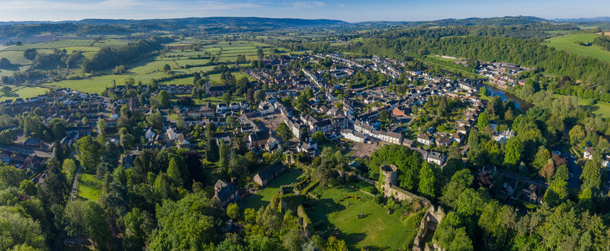 Panoramic view of the picturesque town of Usk in South Wales, with the castle clearly dominating the town on the right hand side