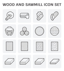 Wood, sawmill industry vector icon i.e. process of felling, cutting, lifting and square sawing. Include tree, timber and wood product i.e. plank, board, lumber and girder for woodworking, construction