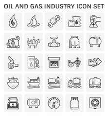 Oil and gas industry icon i.e. global process of exploration, extraction and refinery. Transport by oil tanker and pipeline. Business of petroleum product. Gas station and refuel. Vector icon set.