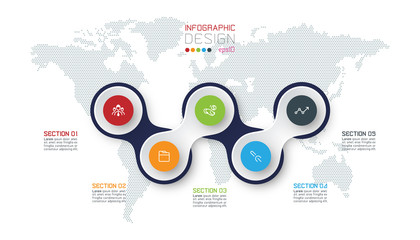 Circle linked with business icon infographics on world map background.