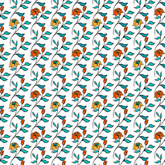 Seamless  pattern . Smal field flowers.  Orange, yellow flowers, green leaves. White background. Simple and flat design. Vector. For textile, wallpaper. Summer. Romantic. Ditsy print. 
