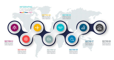 Circle linked with business icon infographics on world map background.