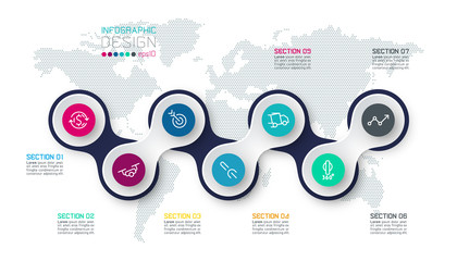 Circle linked with business icon infographics on world map background.