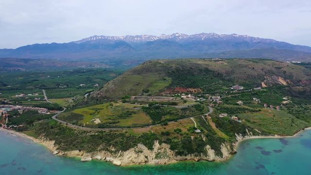 Aerial drone video of famous Ottoman fortified castle of Koule near ancient city of Aptera, Chania, Crete island