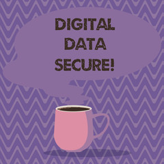 Text sign showing Digital Data Secure. Conceptual photo prevent unauthorized access computers and websites Mug photo Cup of Hot Coffee with Blank Color Speech Bubble as Steam icon