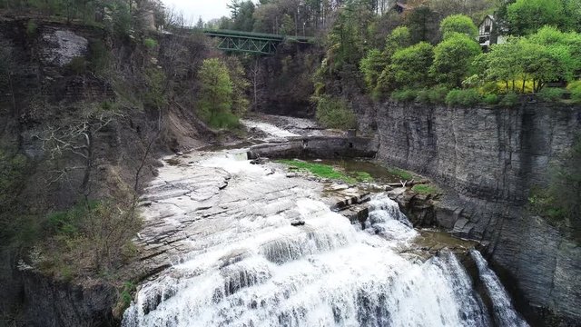 Ithaca Falls in New York, tilt down aerial
