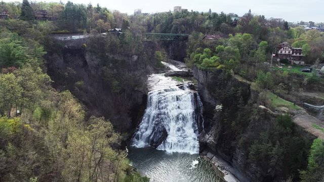 Tilt down aerial, Ithaca Falls near Cornell University