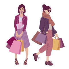 Fashion illustration. Beautiful women with shopping bags wearing trendy street style outfits. Vector drawing isolated on white background.
