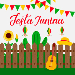 Festa Junina calligraphy lettering with flags, paper lanterns cactus and guitar. Brazilian June Festival Festa de Sao Joao. Easy to edit template for typography poster, banner, invitation, flyer, etc.