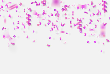 Fototapeta na wymiar violet ribbon and confetti on white background