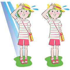 熱中症　太陽の日差しを遮る少女　イラスト