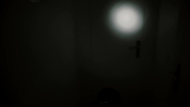 Creepy POV nightmare. A man enters dark hallway with flashlight and encounters a monster. Exorcism concept.