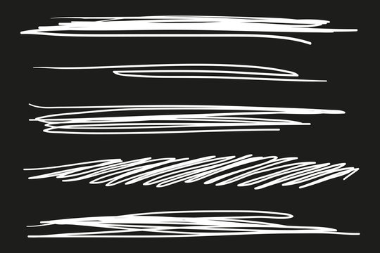 Hand drawn underlines on black. Abstract backgrounds with array of lines. Stroke chaotic patterns. Black and white illustration. Sketchy elements for design