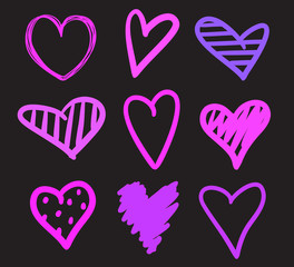 Hand drawn multicolored hearts on black background. Set of love signs. Unique illustration for design. Line art creation. Sketchy elements for posters and flyers