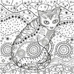 Abstract pattern with ornate cat. Square mandala. Hand drawn patterns on isolation background. Design for spiritual relaxation for adults. Black and white illustration for coloring