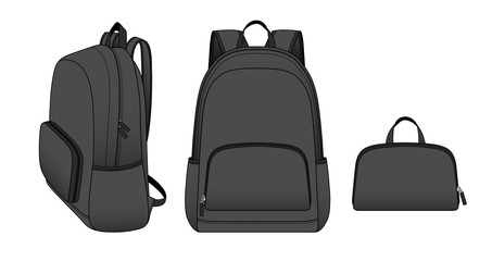 Dark gray foldable backpack with front zippered pocket and side pockets, outdoor folding storage package, vector illustration sketch template - obrazy, fototapety, plakaty