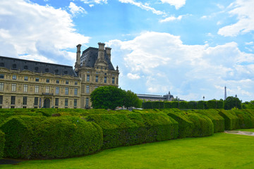 PARIS, FRANCE - MAY, 2019:  Jardin des Tuileries, Tuileries Garden and Tuileries Palace . Garden was created by Catherine de Medici in 1564