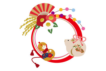 正月飾り。日本のお正月の壁飾り。正月のデザイン素材。令和2年。 正月の輪飾り。干支の正月飾り。熨斗。ねずみ年の正月飾り。
